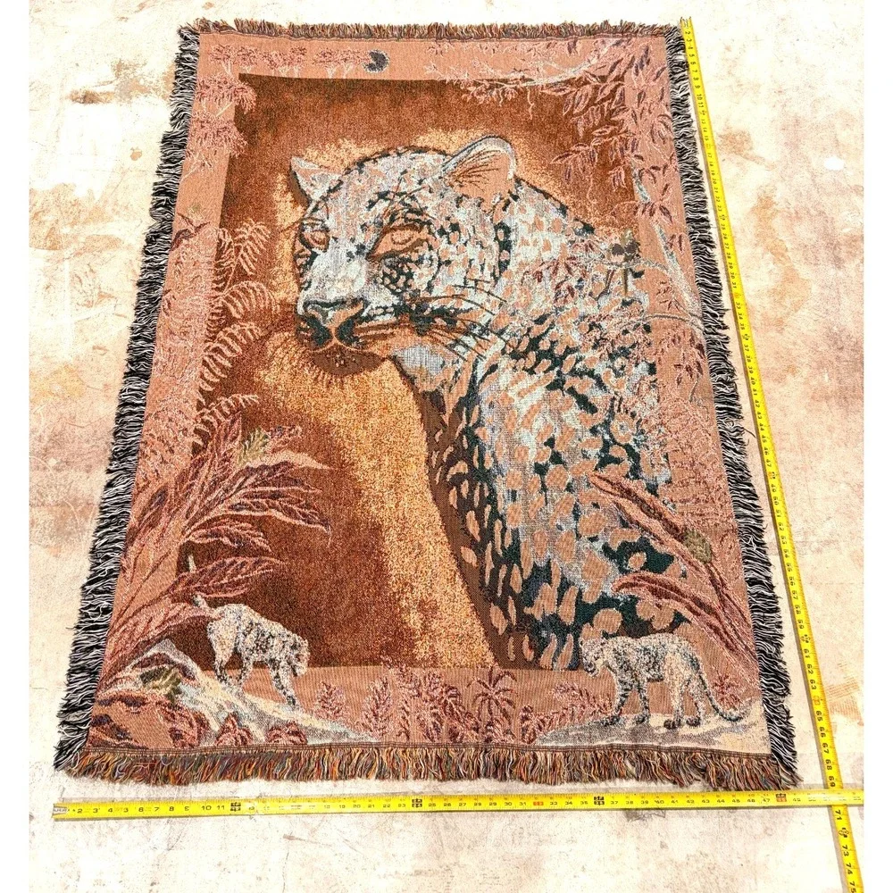 Vintage Leopard Jungle Woven Tapestry Throw Blanket Wall Hanging Fringe 50x69